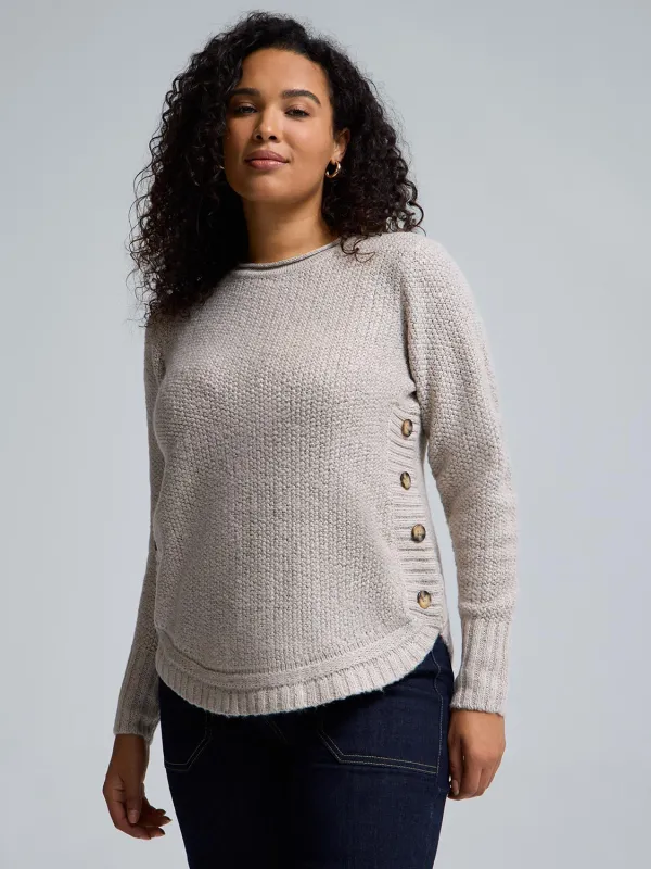 Button-Detail Rounded Hem Sweater sold by Suzy Shier