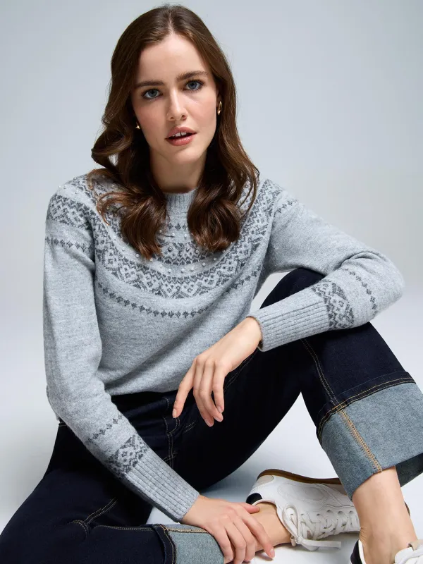 Pearl & Rhinestone Embellished Fair Isle Sweater sold by Suzy Shier