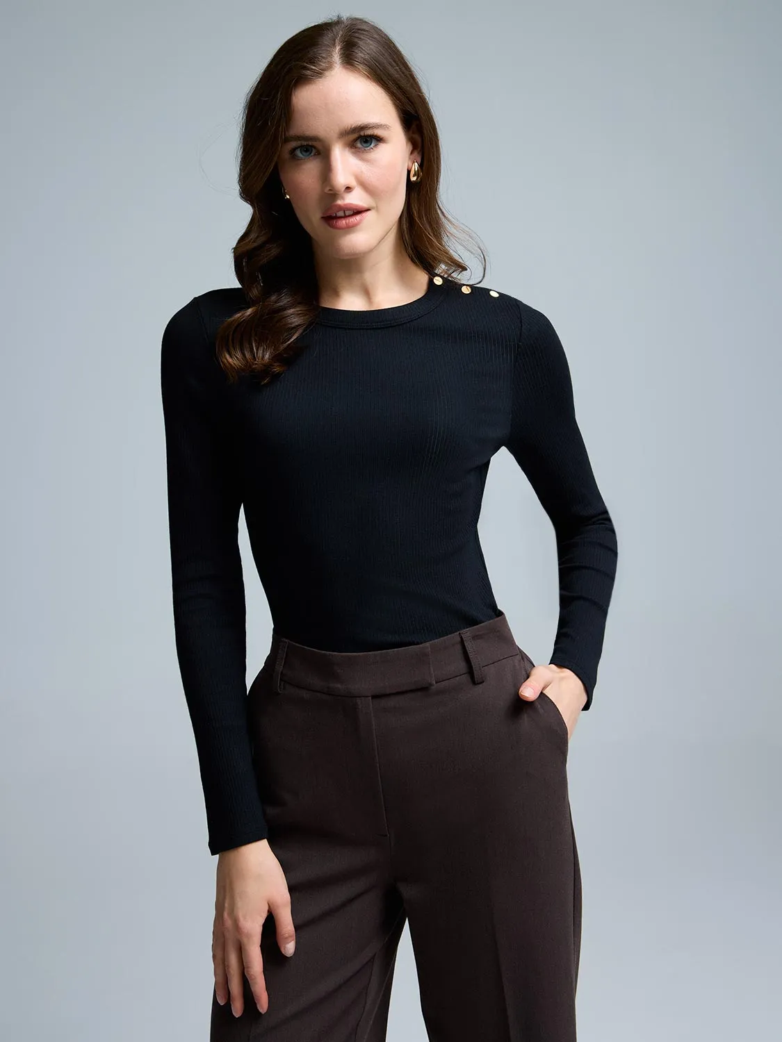 Button-Detail Ribbed Cotton-Blend Top sold by Suzy Shier product image thumbnail 2