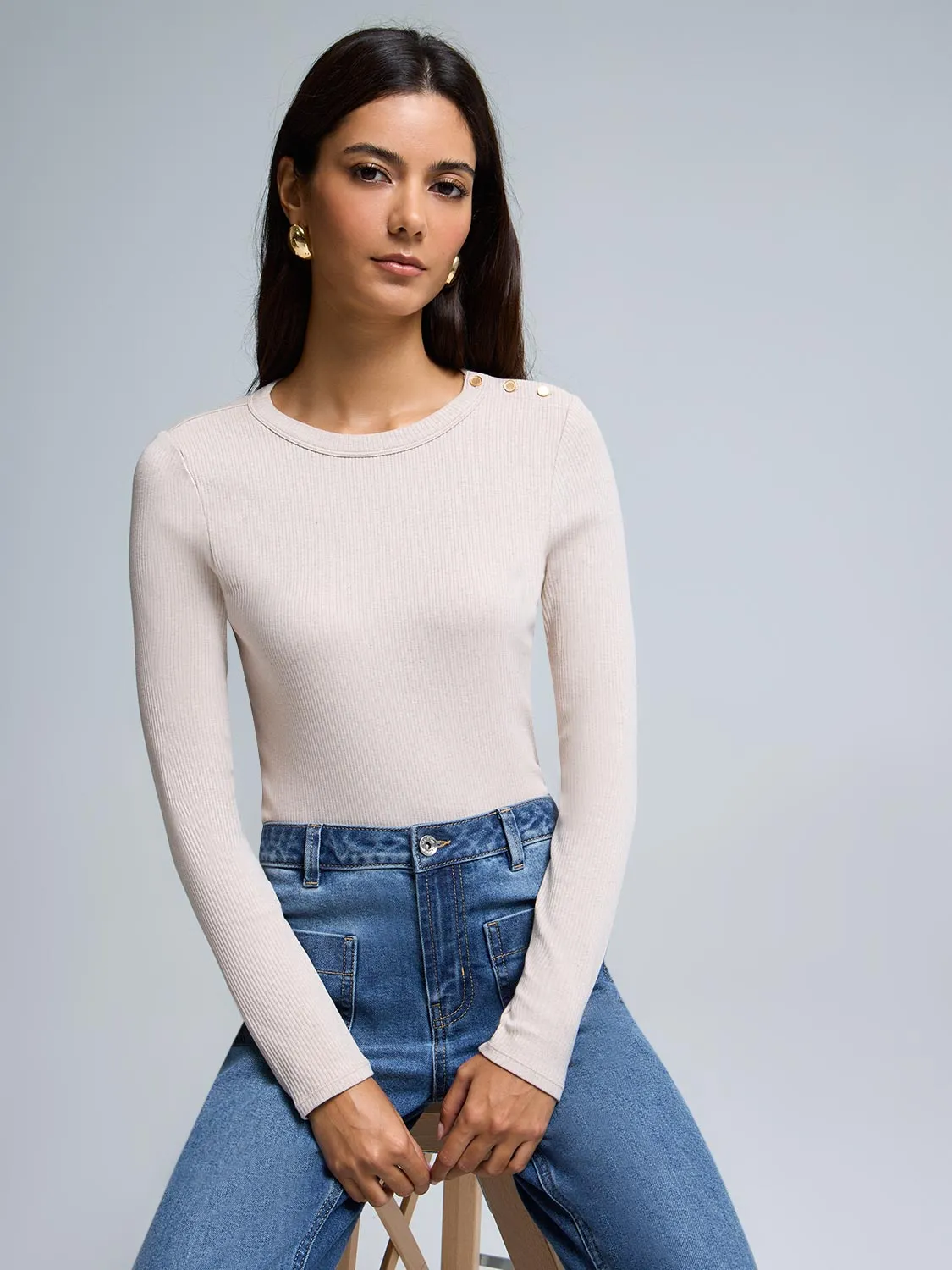 Button-Detail Ribbed Cotton-Blend Top sold by Suzy Shier product image thumbnail 5