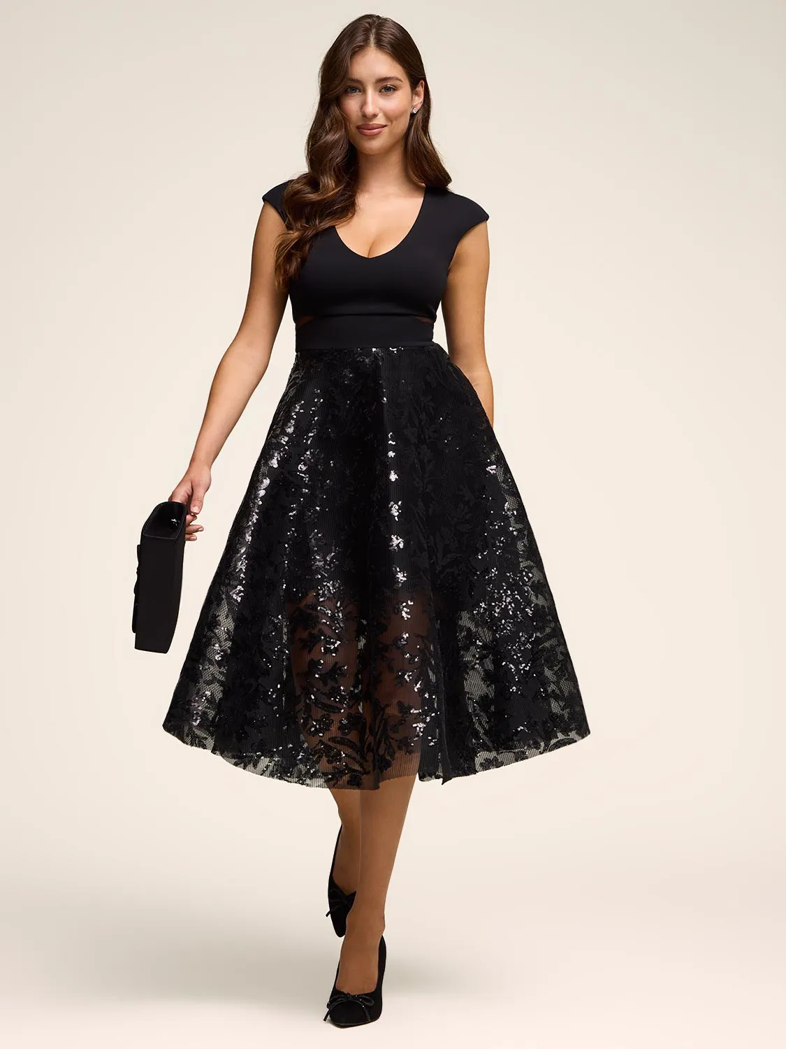 Mesh & Sequin Fit & Flare Dress sold by Suzy Shier