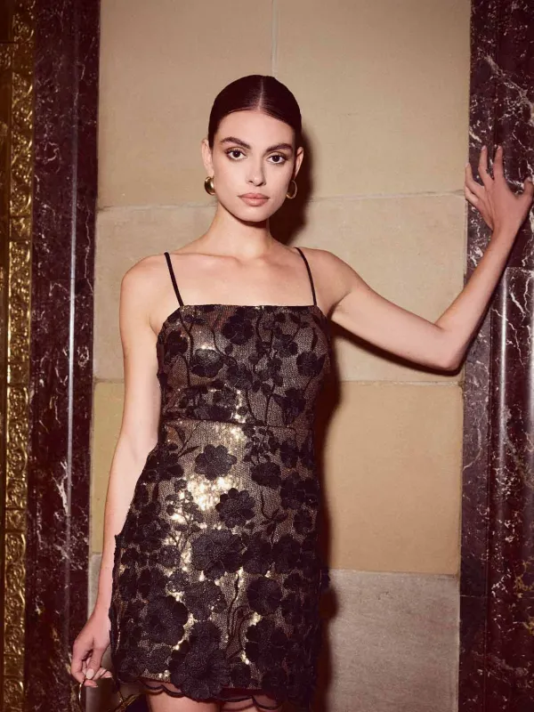 Sequin Mini Dress With Floral Appliqués sold by Suzy Shier