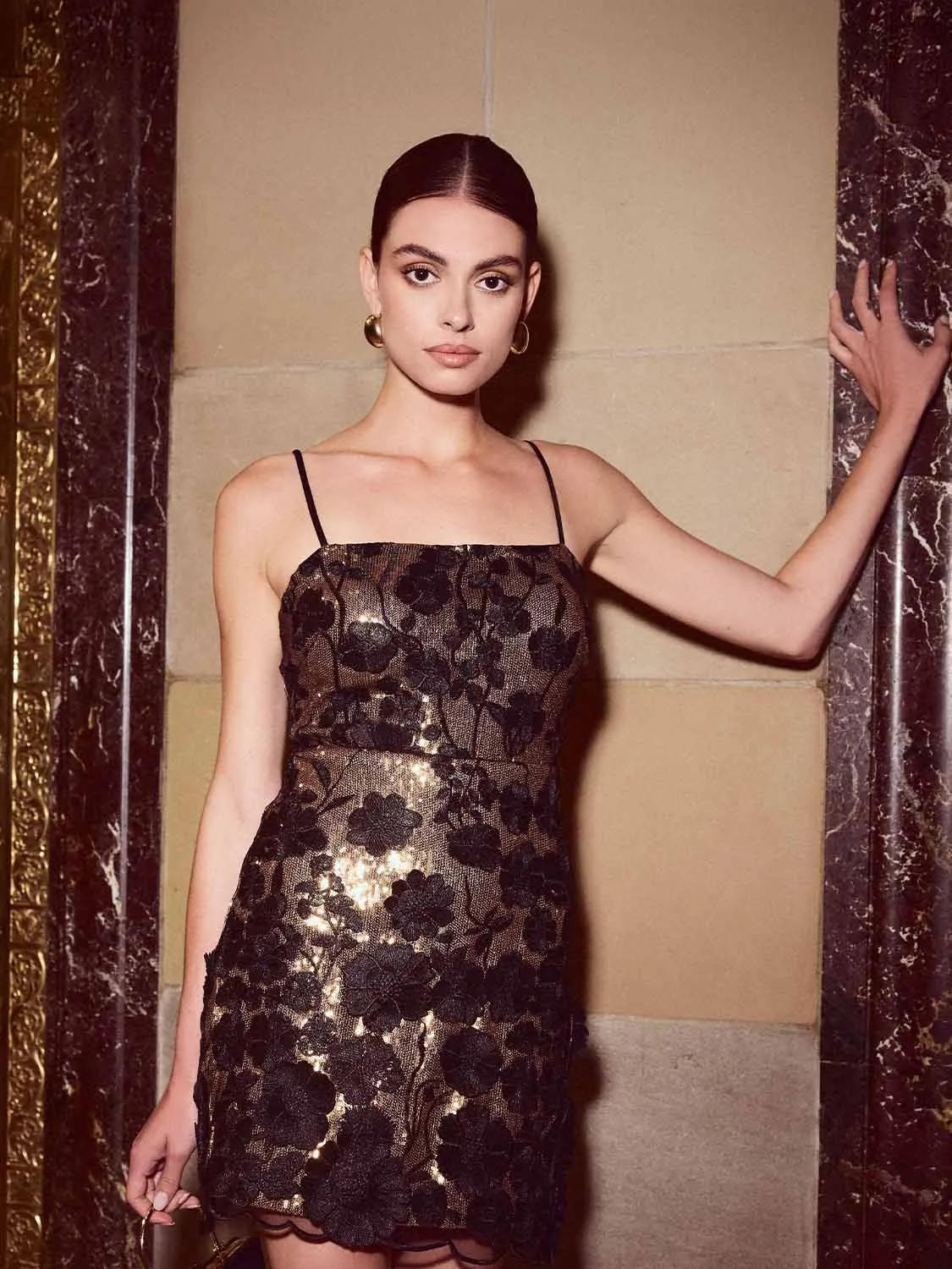 Sequin Mini Dress With Floral Appliqués sold by Suzy Shier