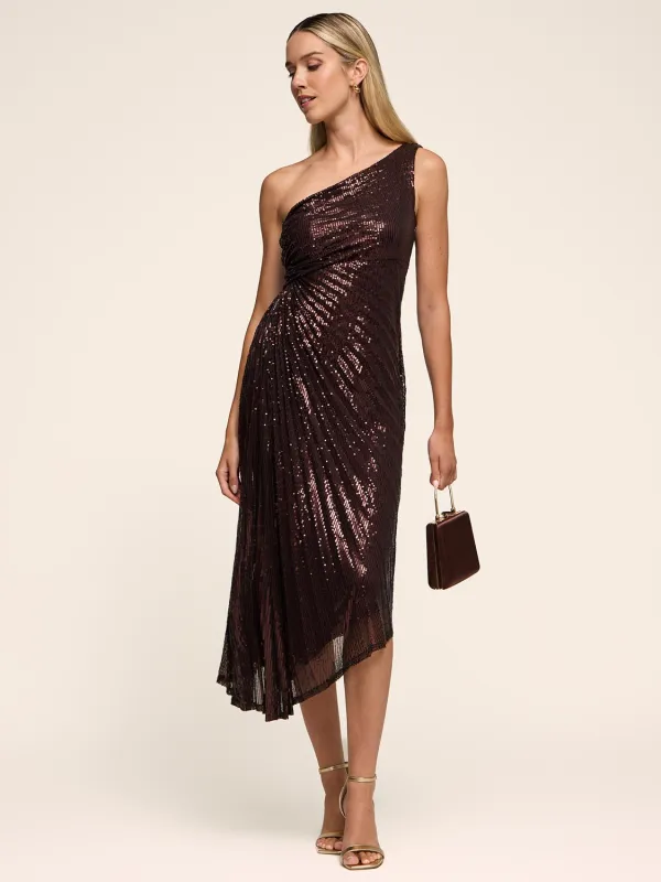 One-Shoulder Pleated Sequin Midi Dress sold by Suzy Shier