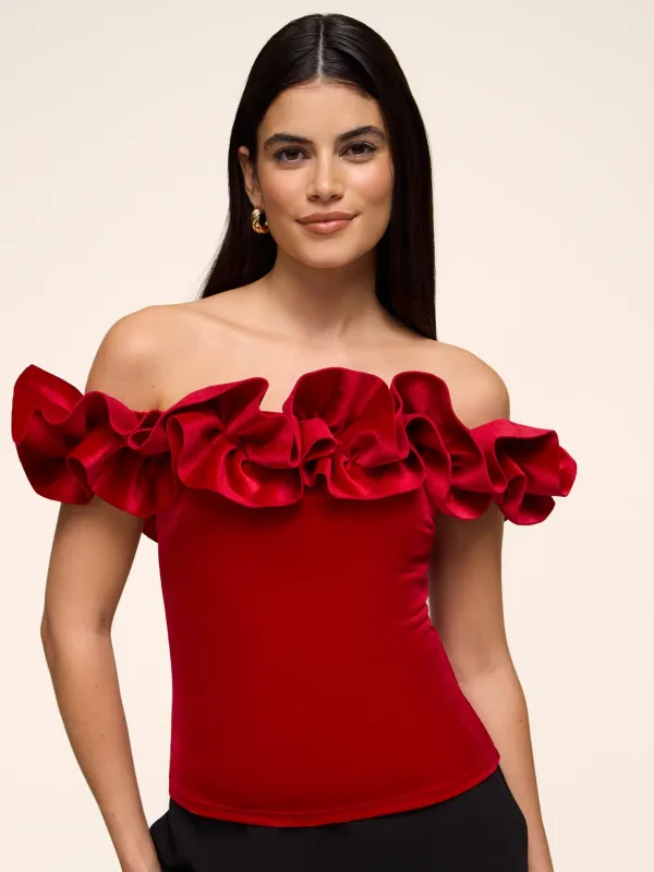 Ruffle Off-The-Shoulder Velvet Top sold by Suzy Shier