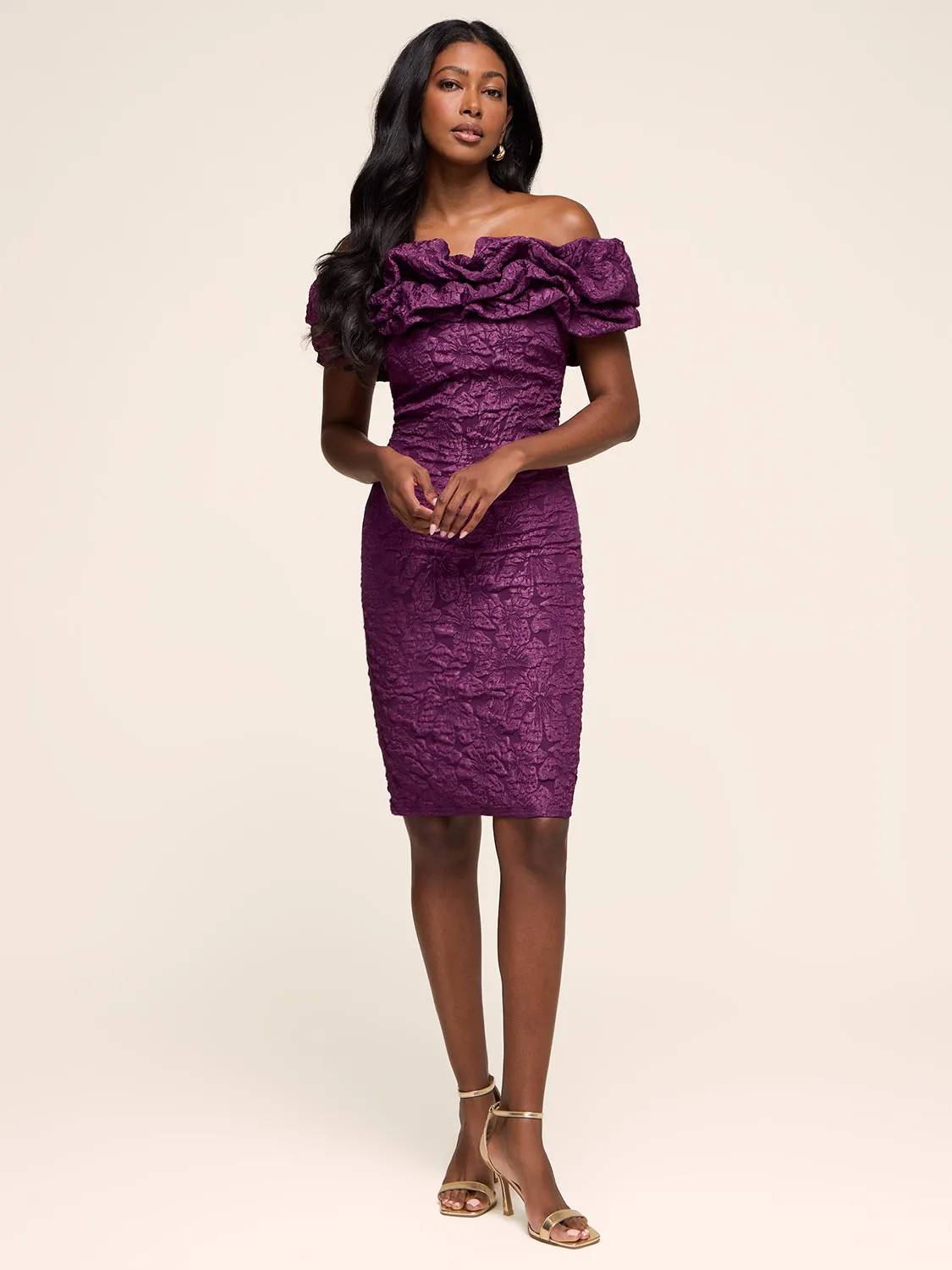 Ruffle Off-The-Shoulder Sheath Dress sold by Suzy Shier
