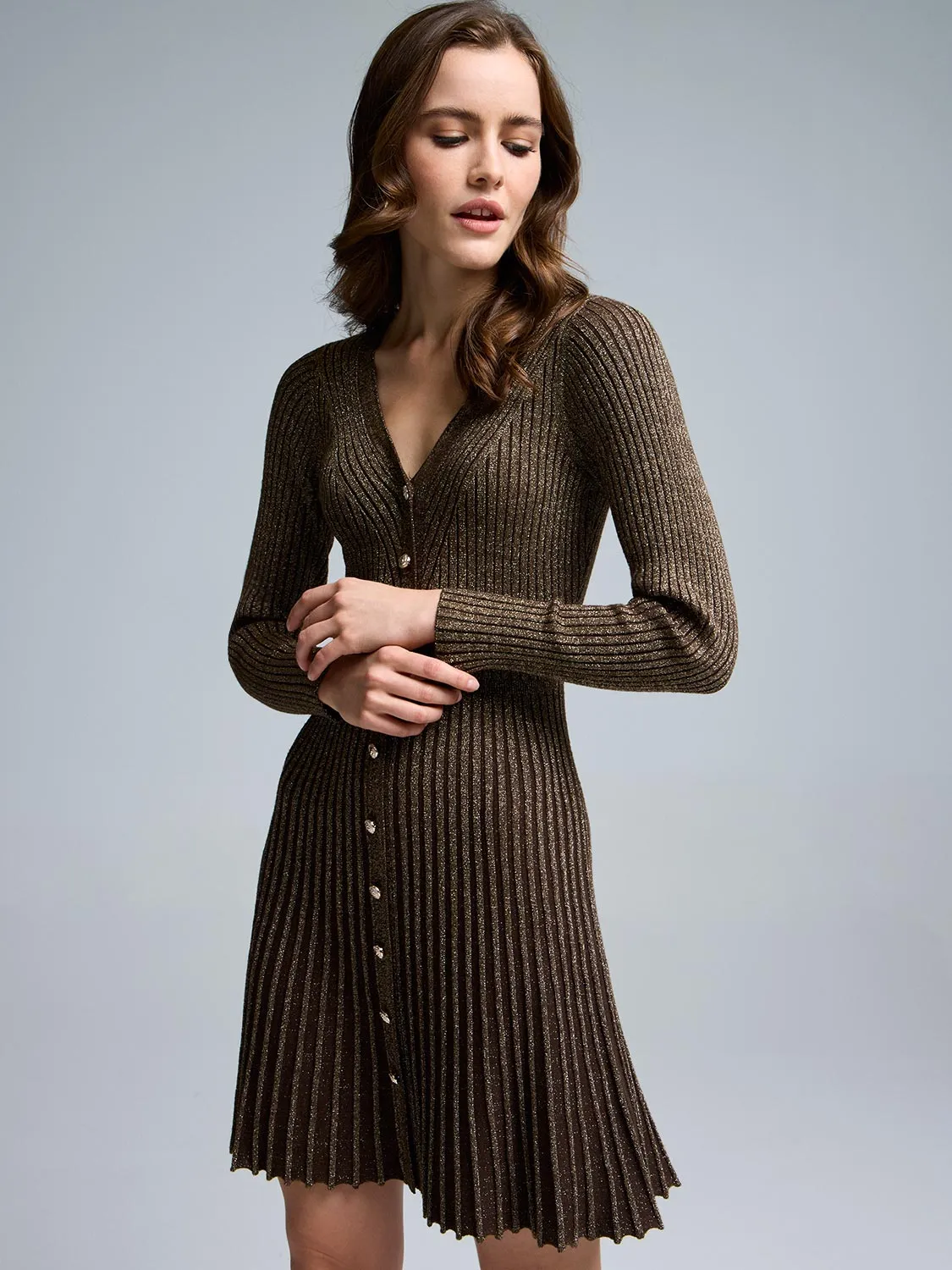 Metallic V-Neck Mini Sweater Dress sold by Suzy Shier product image thumbnail 2