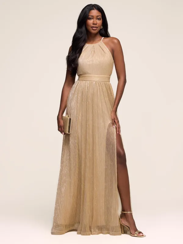 Halter Neck Metallic Crinkle Knit Gown sold by Suzy Shier