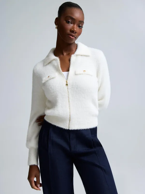 Zip-Front Fuzzy Cardigan sold by Suzy Shier