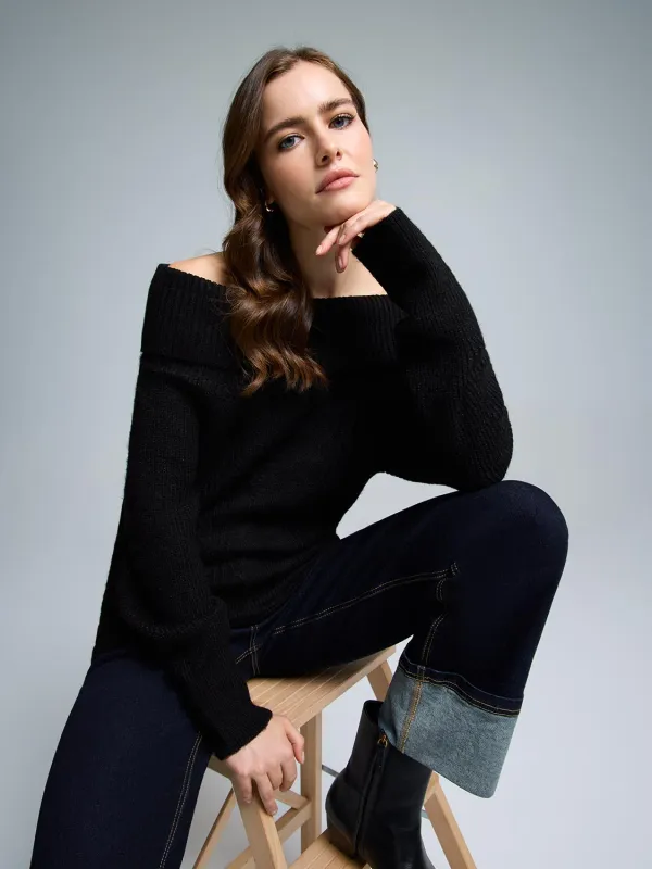 Button Detail Off-The-Shoulder Sweater sold by Suzy Shier