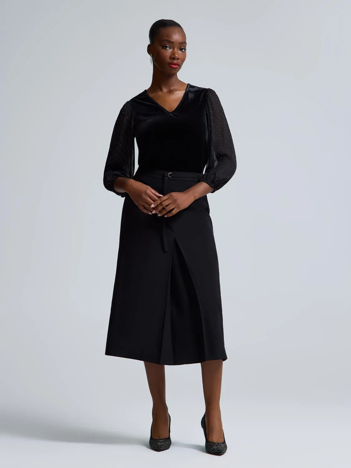 Rhinestone Sleeve Velvet Top sold by Suzy Shier