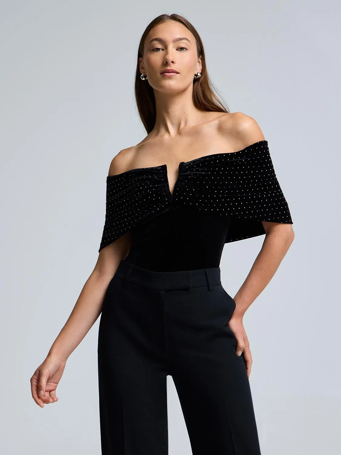 Off-The-Shoulder Rhinestone Velvet Top sold by Suzy Shier product image thumbnail 4