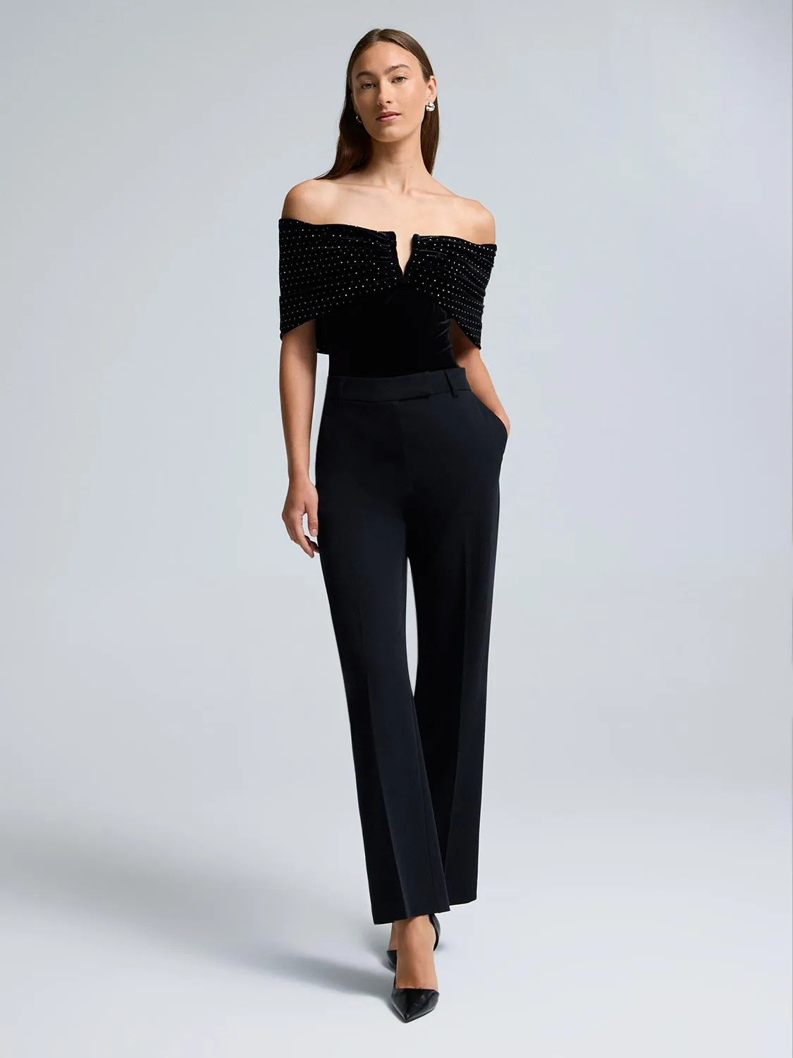 Off-The-Shoulder Rhinestone Velvet Top sold by Suzy Shier