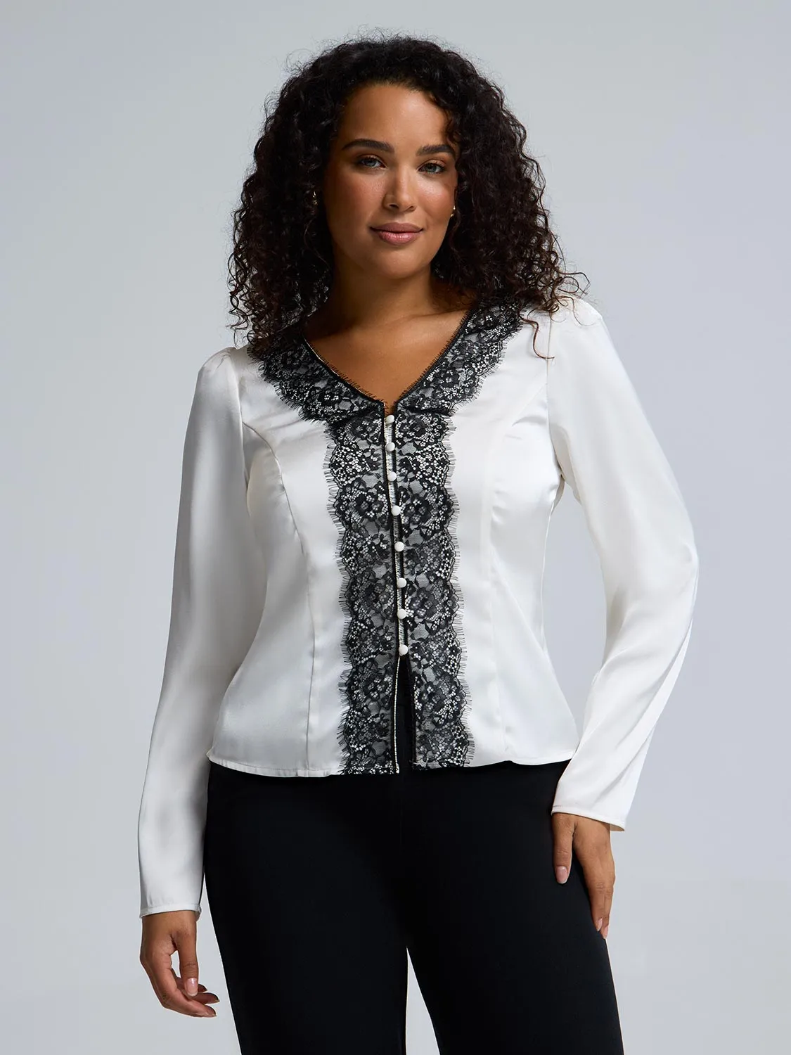 Satin-Like Lace V-Neck Blouse sold by Suzy Shier product image thumbnail 2