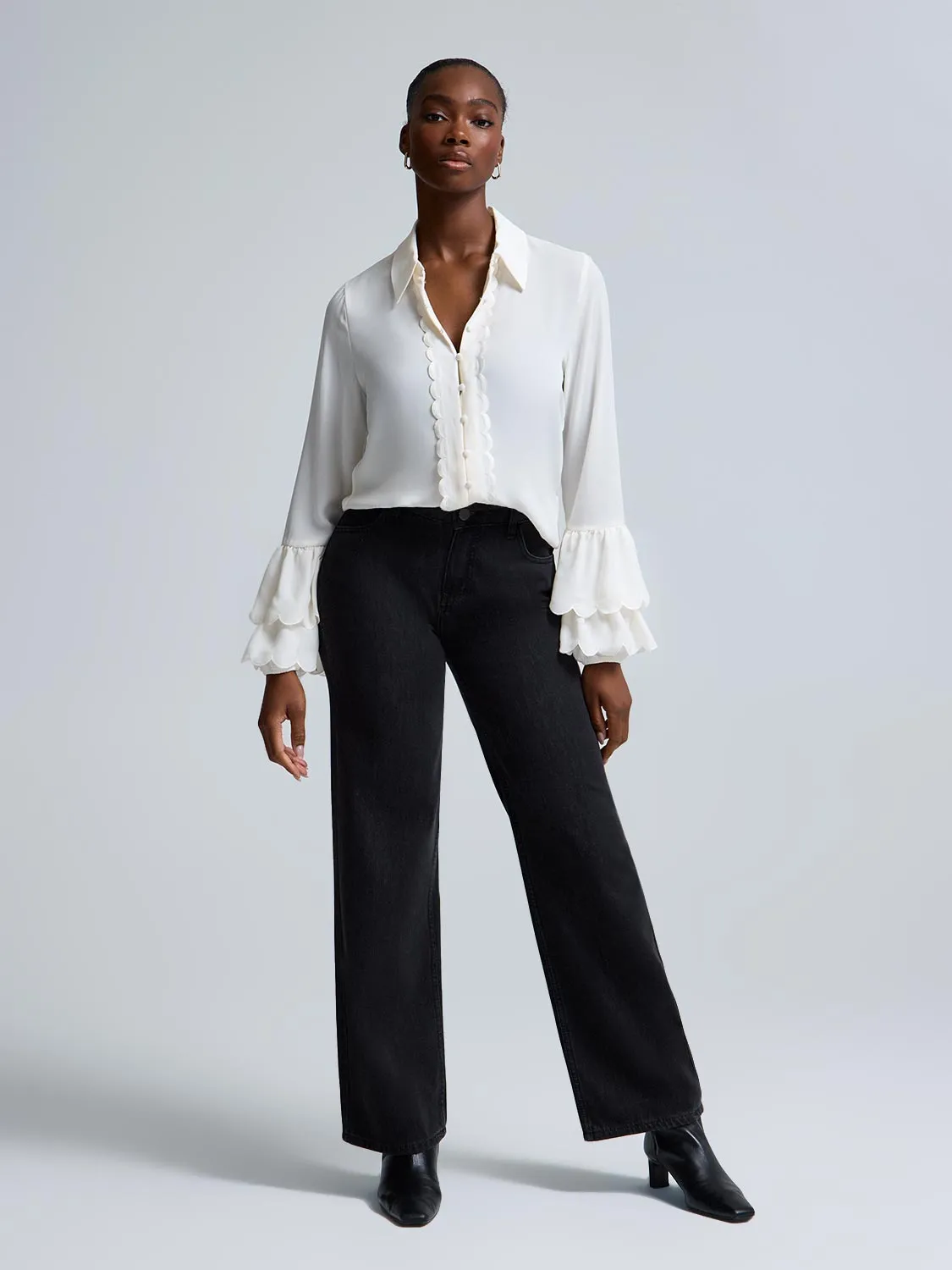 Scallop Detail Button-Front Chiffon Blouse sold by Suzy Shier