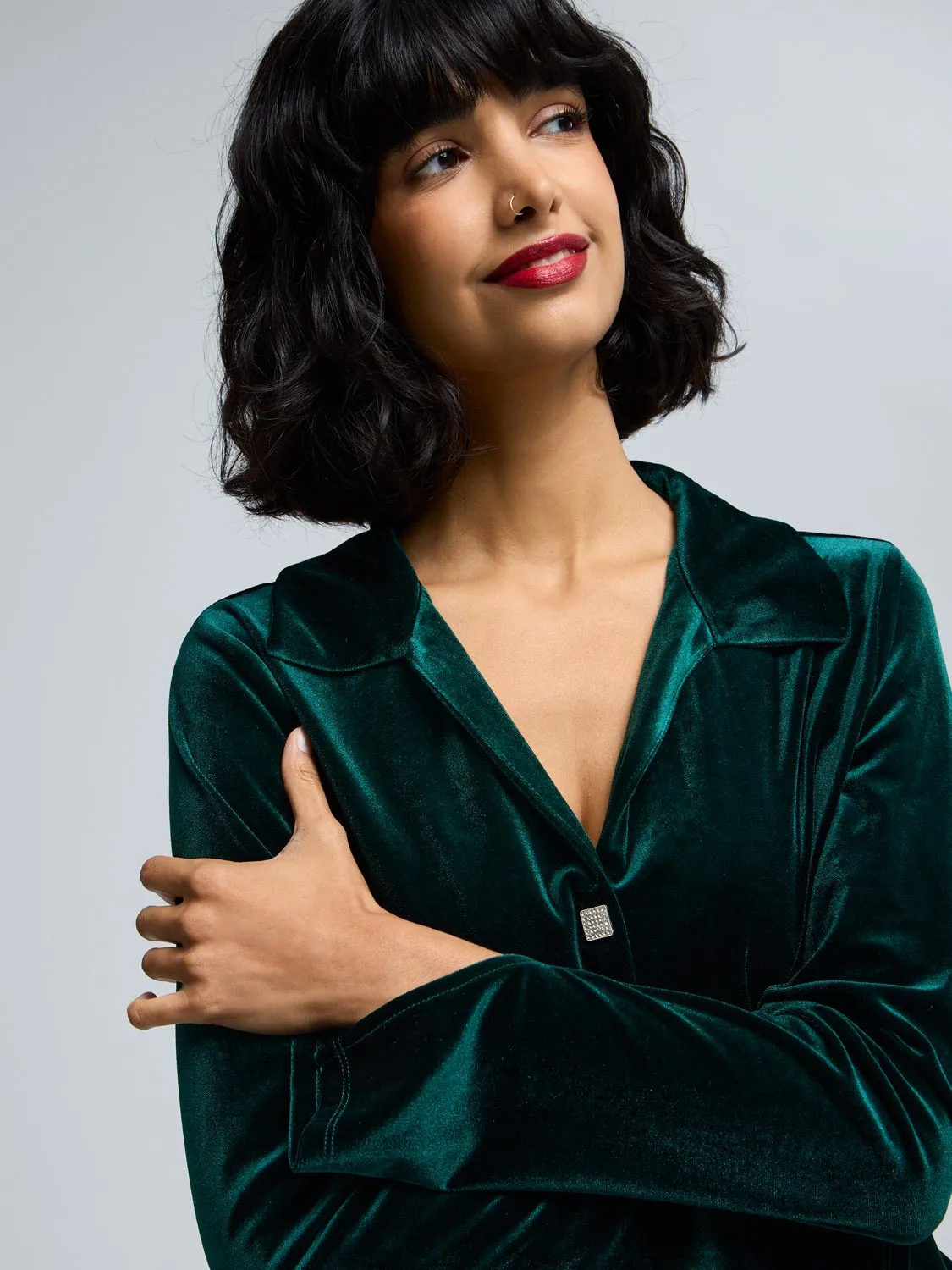 Velvet Button-Front Blouse sold by Suzy Shier product image thumbnail 2