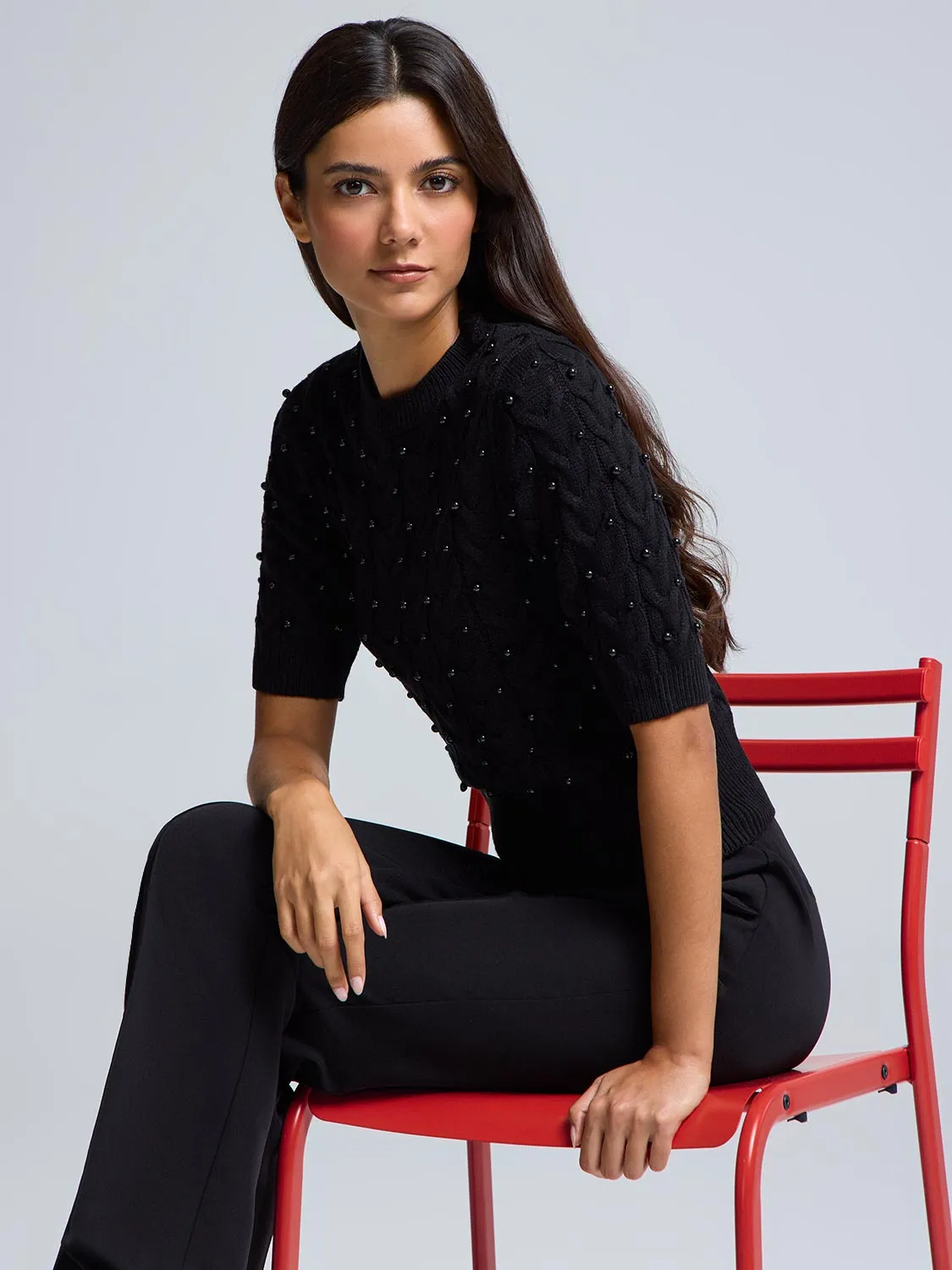 Short Sleeve Pearl Cable Knit Sweater sold by Suzy Shier