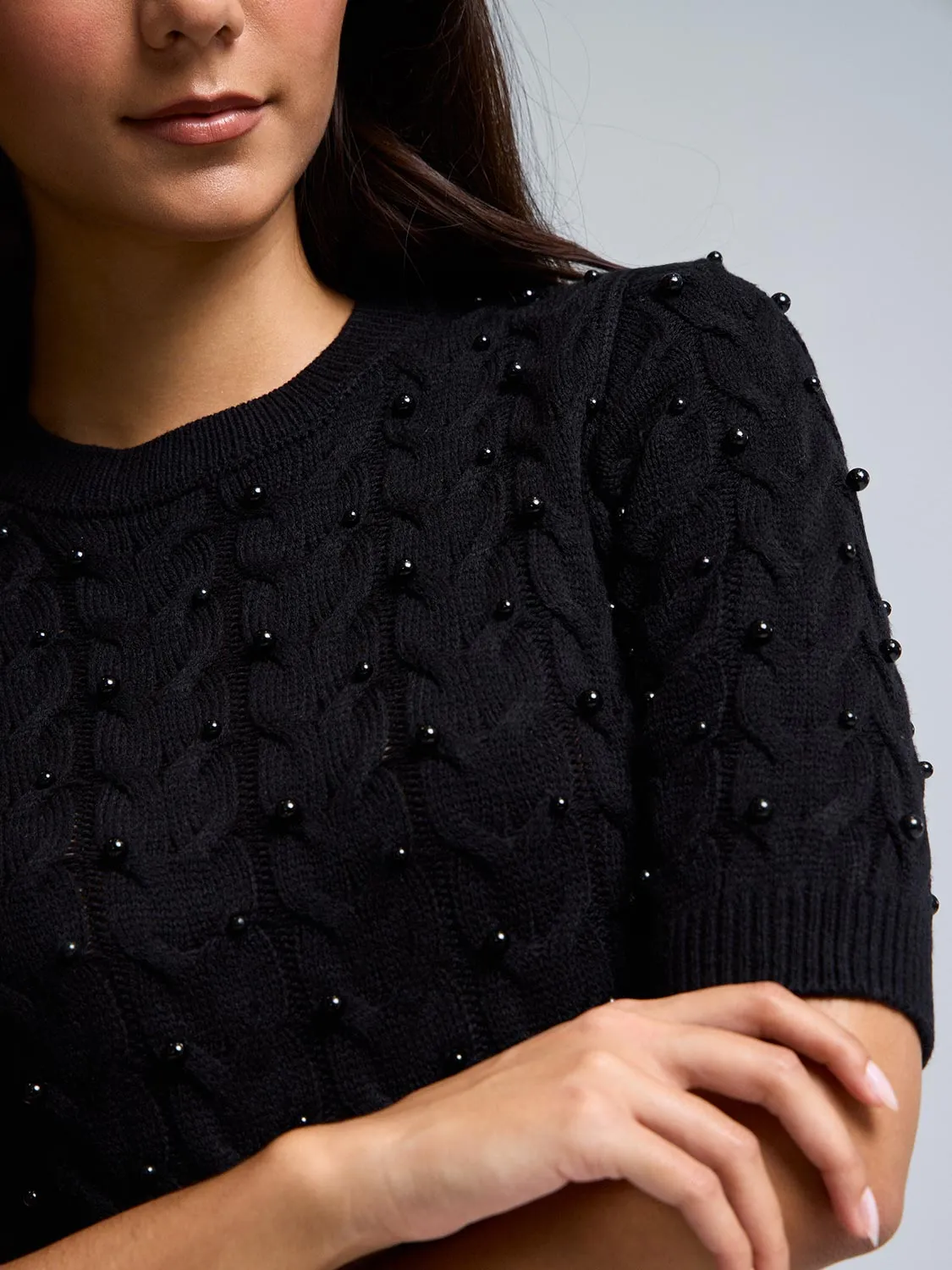 Short Sleeve Pearl Cable Knit Sweater sold by Suzy Shier product image thumbnail 3