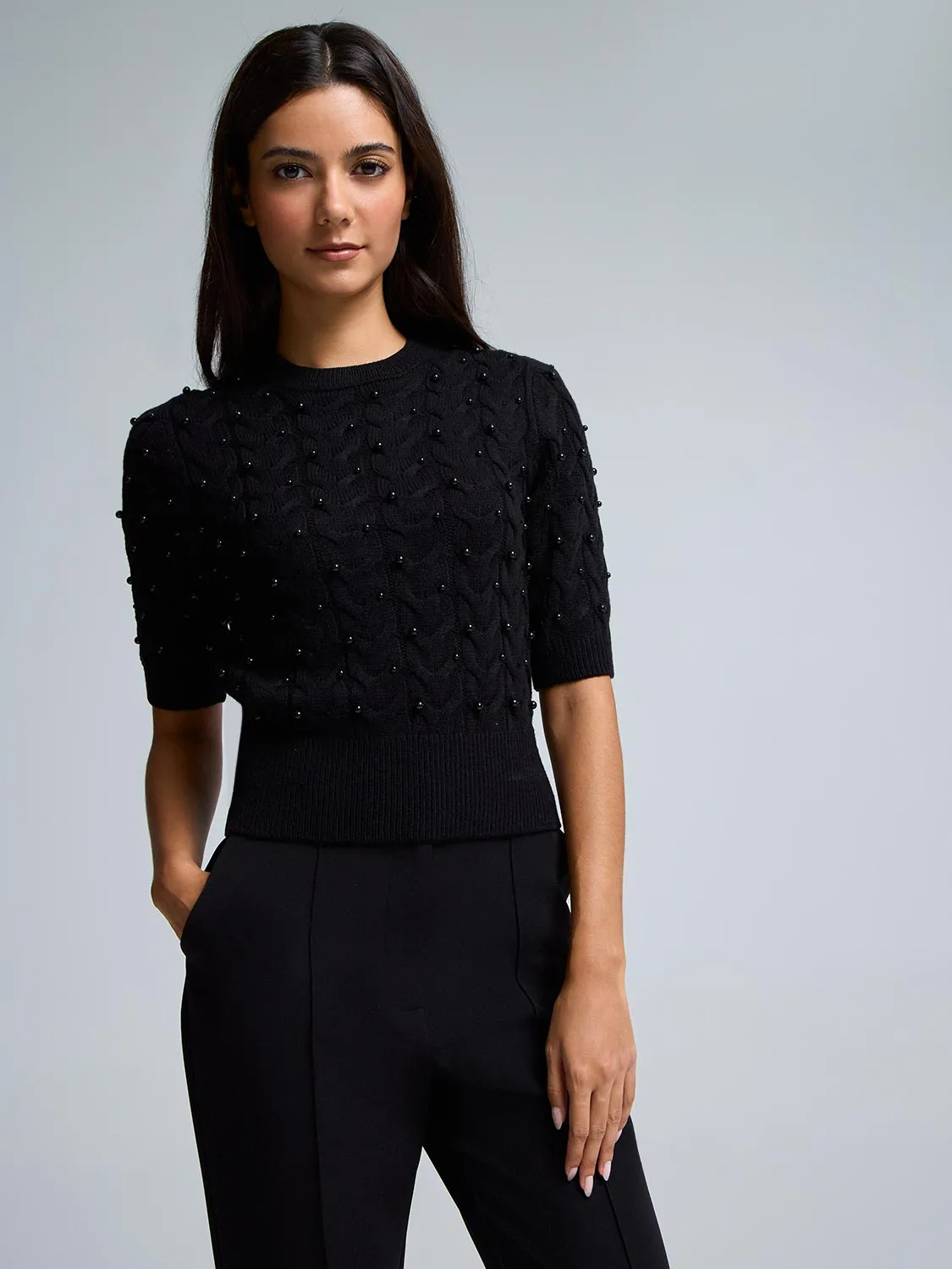 Short Sleeve Pearl Cable Knit Sweater sold by Suzy Shier product image thumbnail 2