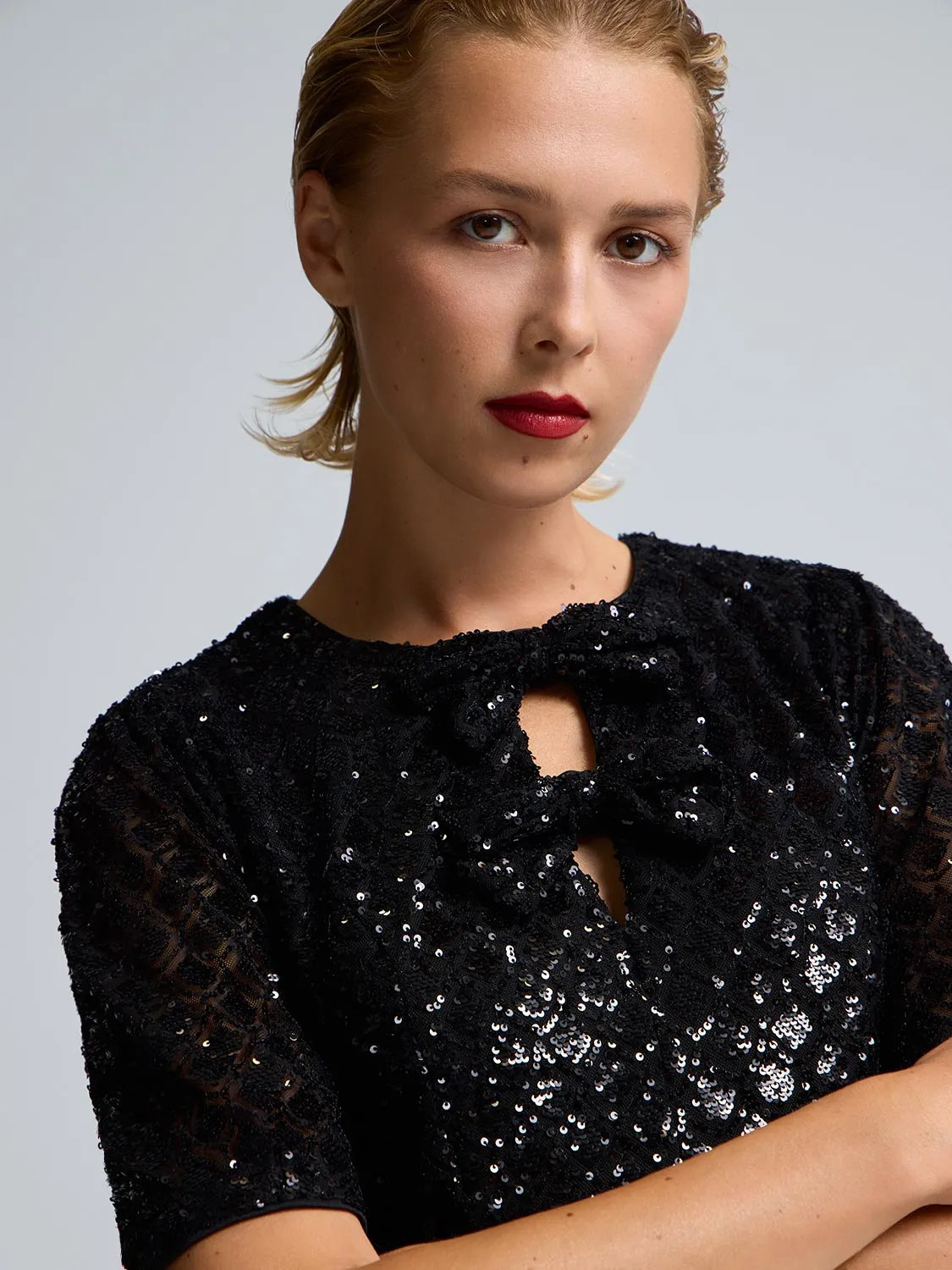 Bow Detail Sequin Mesh Dress sold by Suzy Shier product image thumbnail 4