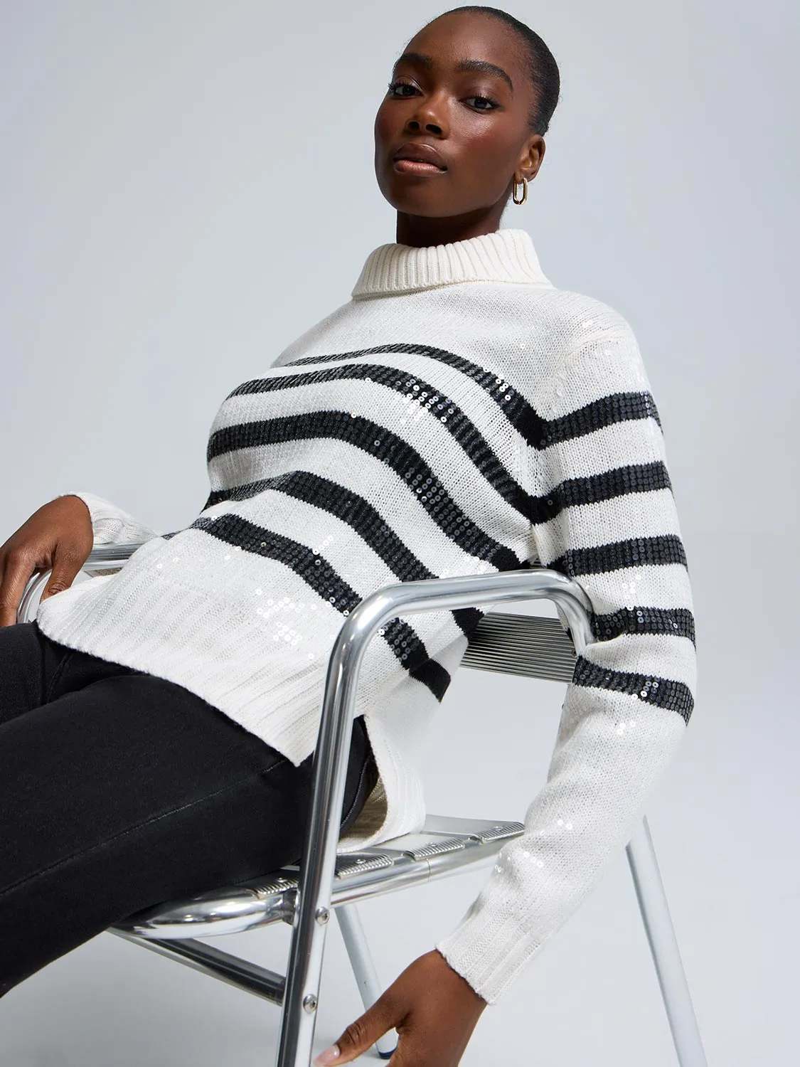 Sequin Striped Turtleneck Sweater sold by Suzy Shier