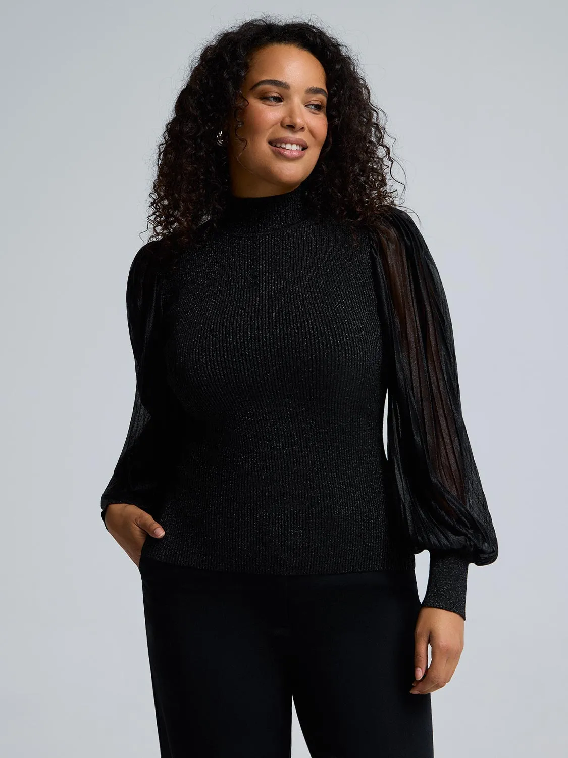 Metallic Plisse Sleeve Mock Neck Top sold by Suzy Shier product image thumbnail 3