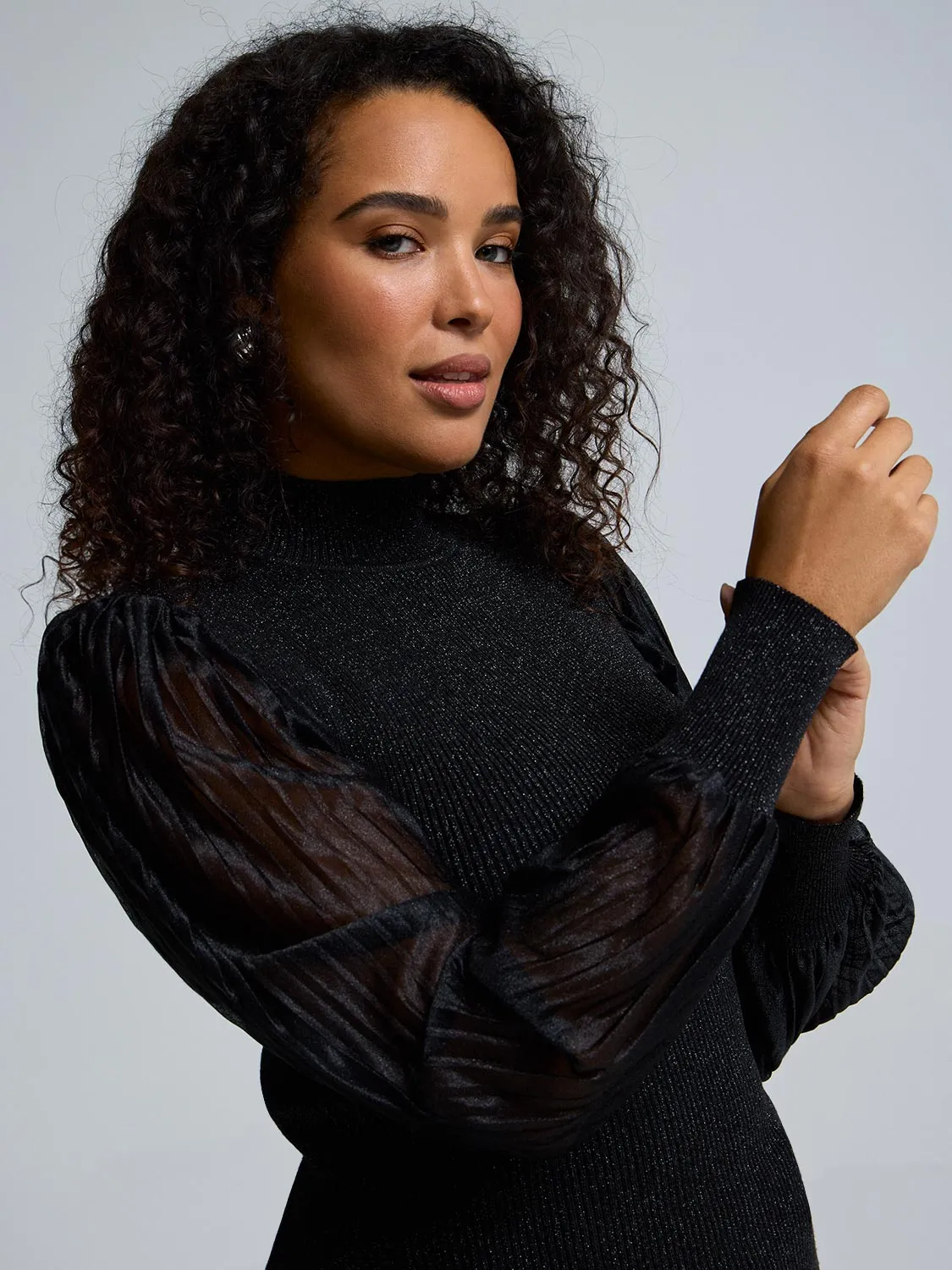 Metallic Plisse Sleeve Mock Neck Top sold by Suzy Shier product image thumbnail 2