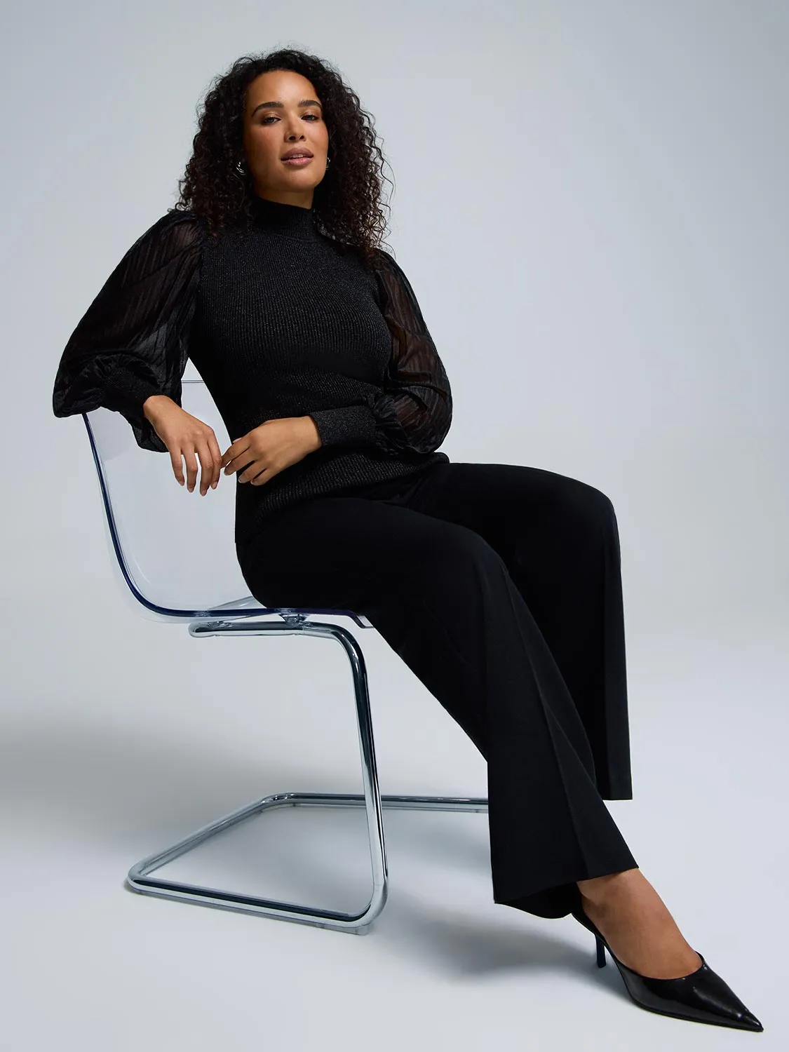 Metallic Plisse Sleeve Mock Neck Top sold by Suzy Shier