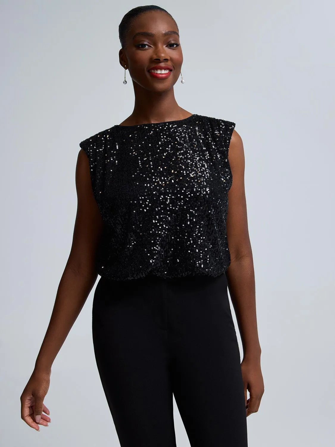 Cropped Sequin Mesh Bubble Hem Top sold by Suzy Shier