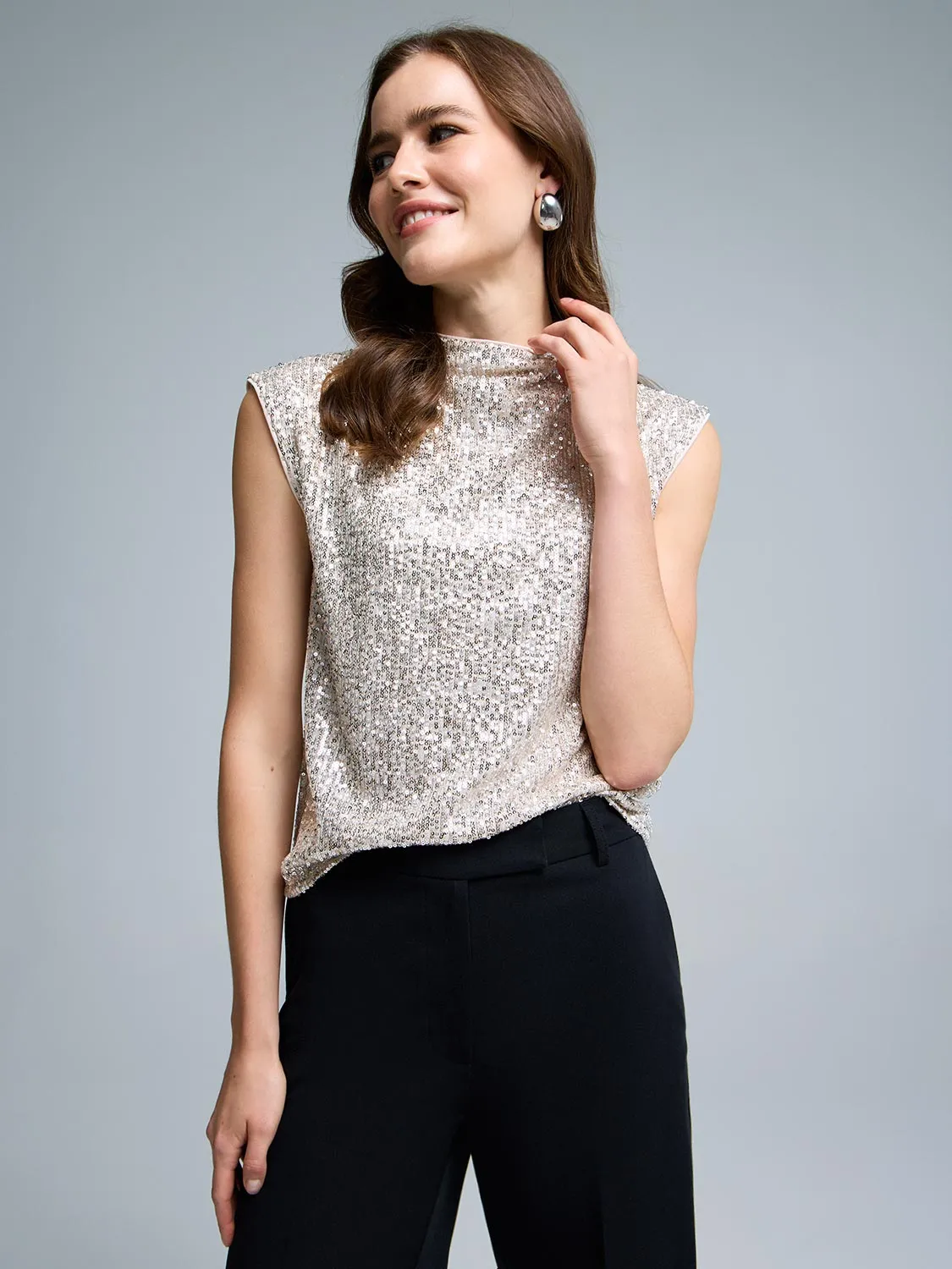 Sequin Mesh Funnel Neck Top sold by Suzy Shier product image thumbnail 2