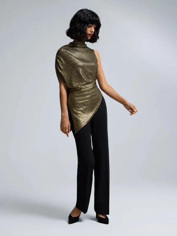 Foil Mock Neck Asymmetrical Top sold by Suzy Shier