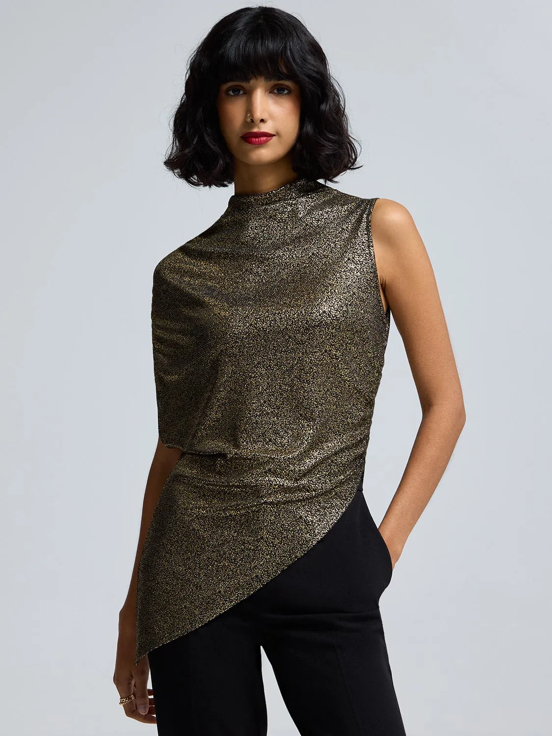 Foil Mock Neck Asymmetrical Top sold by Suzy Shier product image thumbnail 2