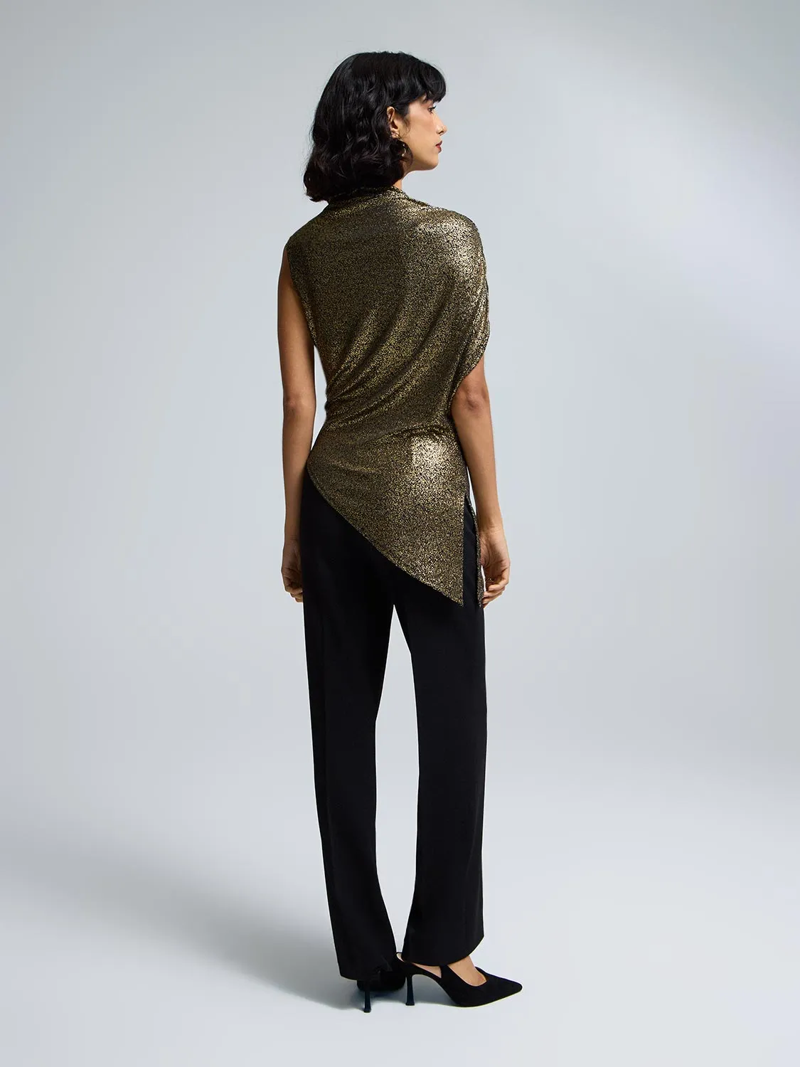 Foil Mock Neck Asymmetrical Top sold by Suzy Shier product image thumbnail 4