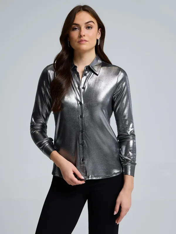 Metallic Foil Button-Front Blouse sold by Suzy Shier