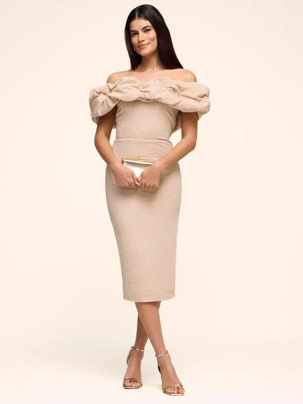 Ruffle Off-The-Shoulder Glitter Midi Dress sold by Suzy Shier