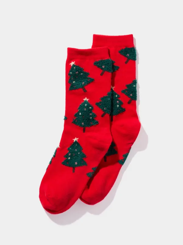 Fuzzy Christmas Tree Print Socks sold by Suzy Shier