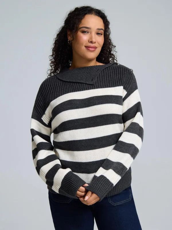 Striped Split Neck Shaker Stitch Sweater sold by Suzy Shier