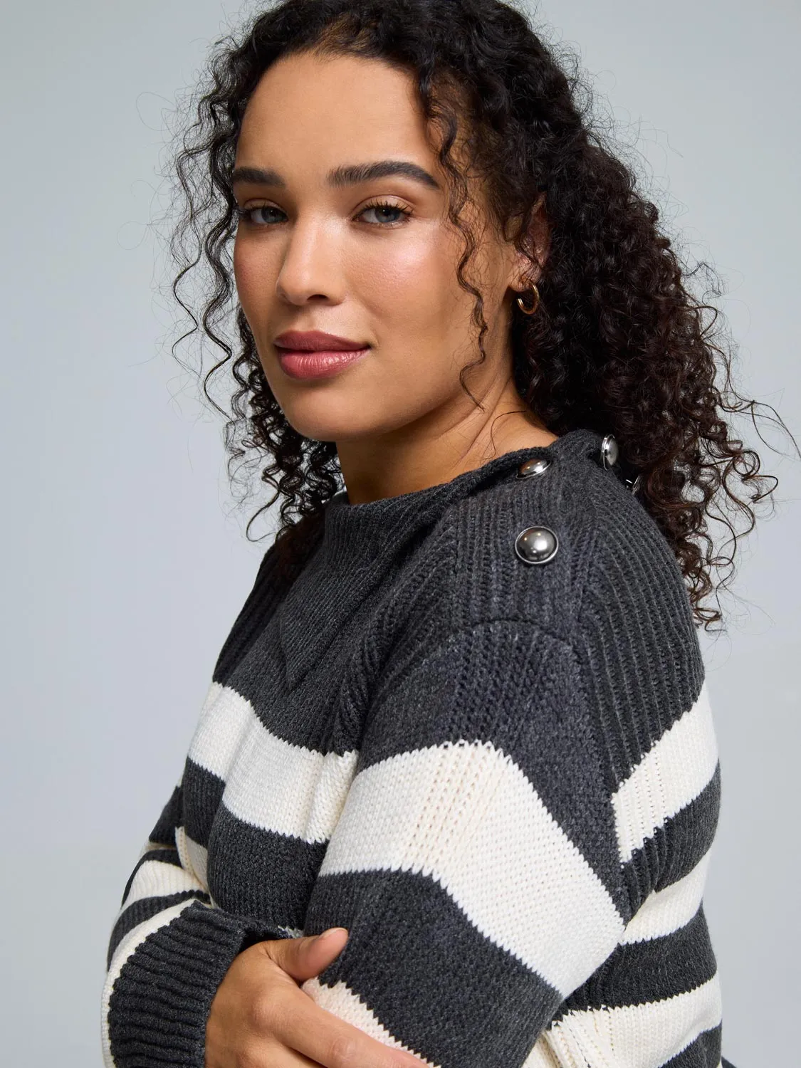 Striped Split Neck Shaker Stitch Sweater sold by Suzy Shier product image thumbnail 2