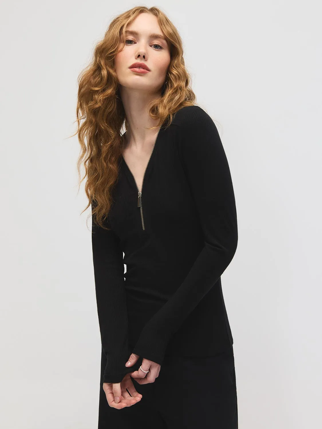 Zipper V-Neck Ribbed Top sold by Suzy Shier