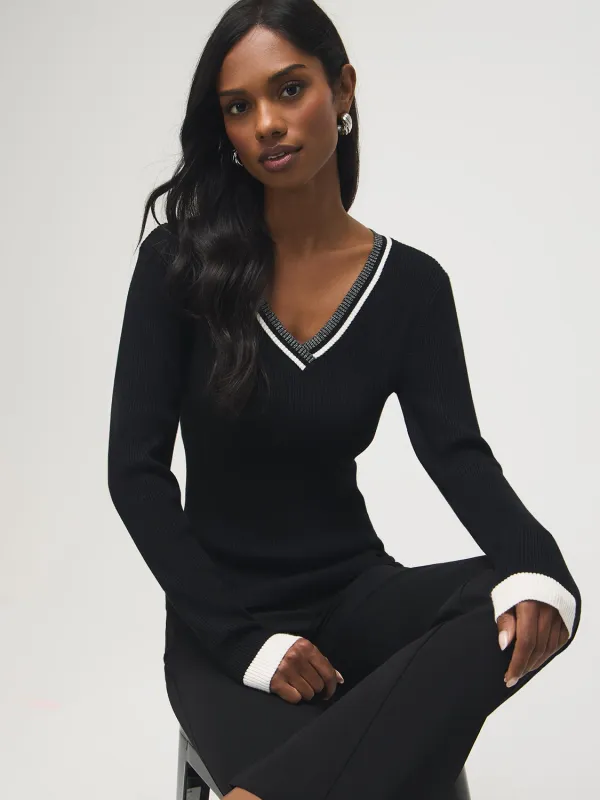 Ribbed Metallic V-Neck Sweater made by Suzy Shier