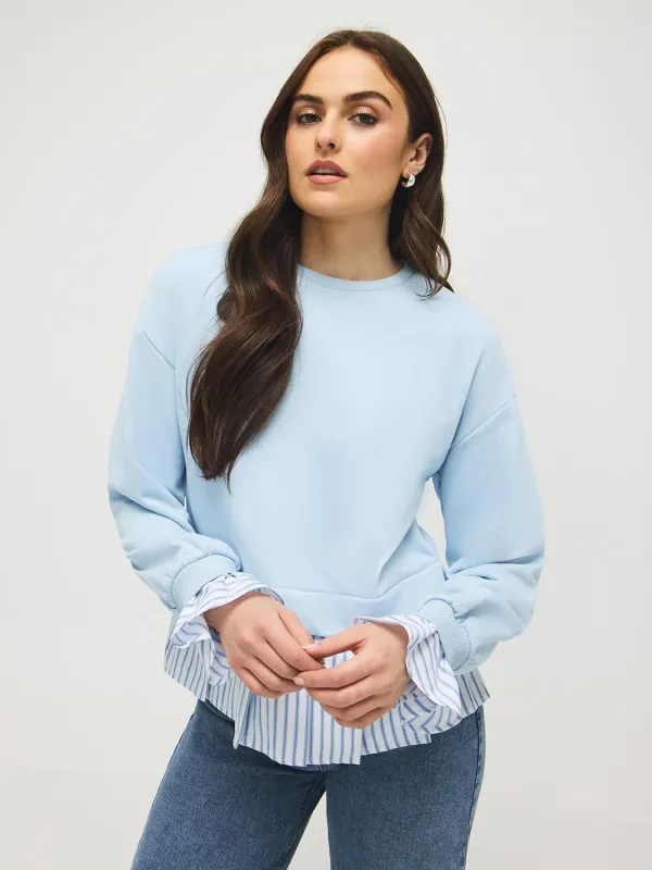 2-Fer Sweatshirt With Striped Cotton Blouse sold by Suzy Shier