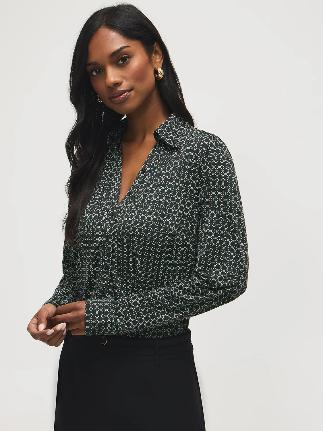 Printed Johnny Collar Button-Front Blouse sold by Suzy Shier product image thumbnail 2