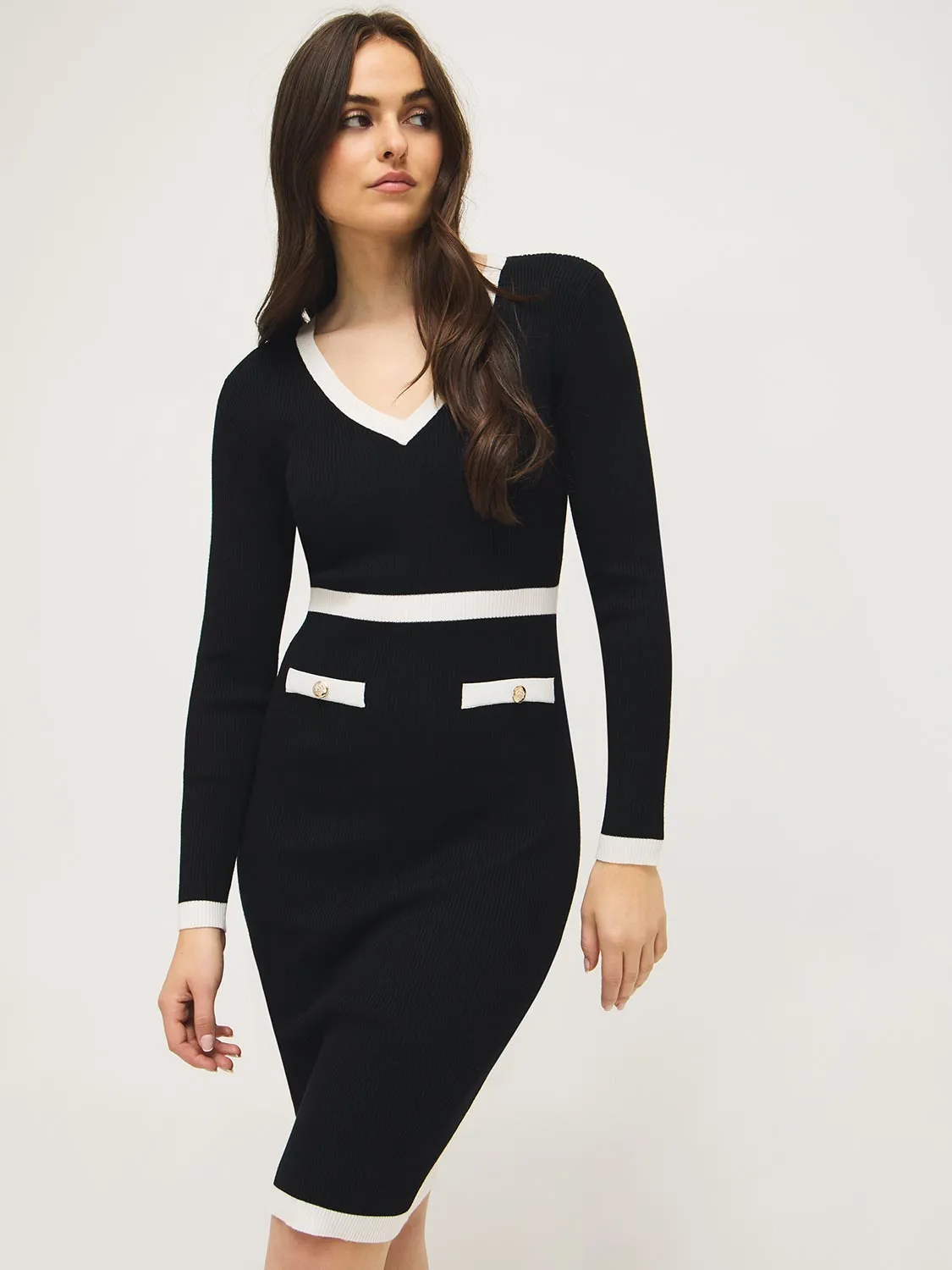 Contrast Trim V-Neck Midi Sweater Dress sold by Suzy Shier product image thumbnail 4