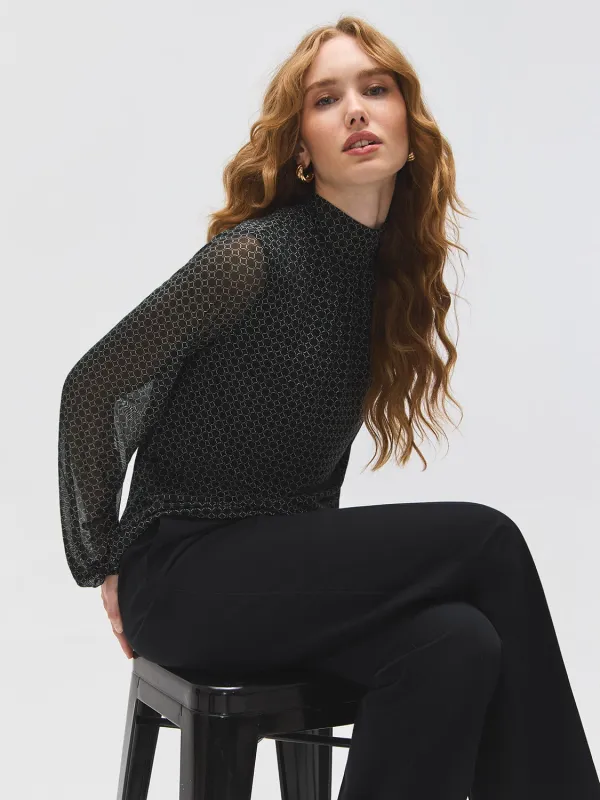 Geo Print Mesh Mock Neck Top sold by Suzy Shier