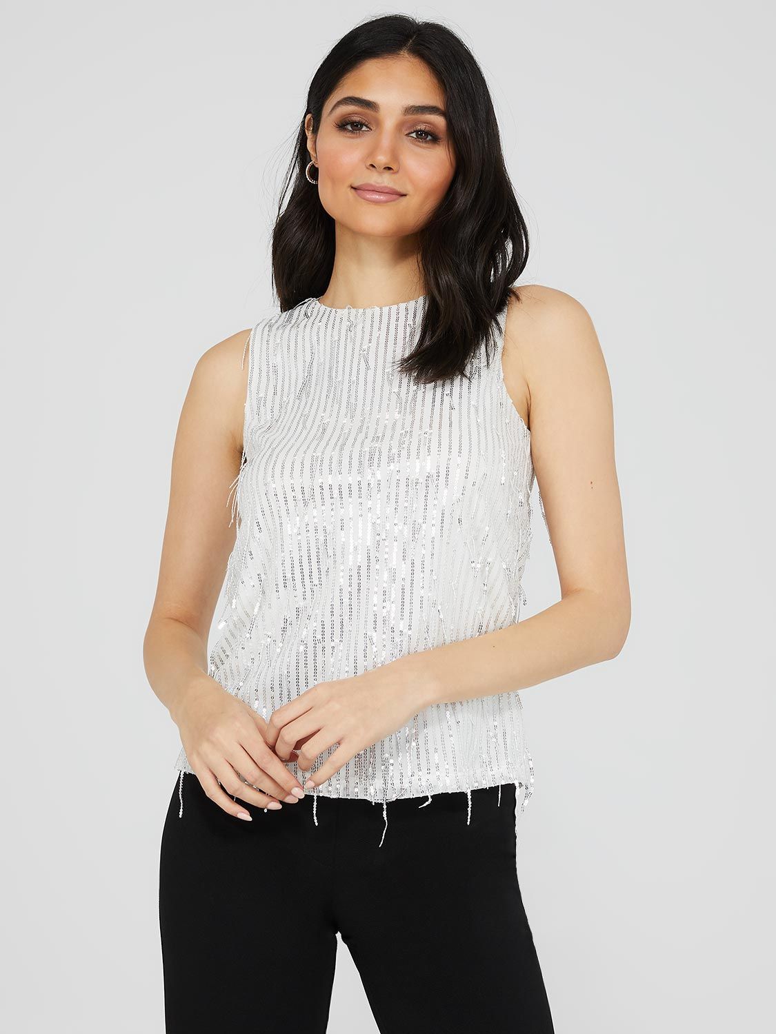 Sleeveless Sequin Fringe Mesh Top sold by Suzy Shier