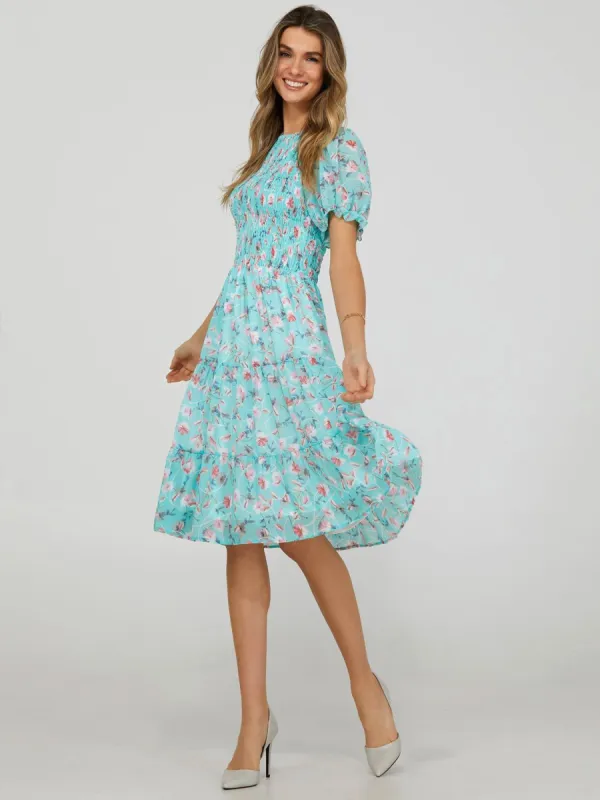 Floral Print 2-Tier Dress With Puff Sleeves sold by Suzy Shier
