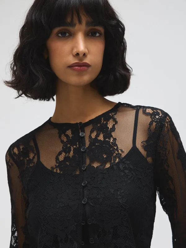 Scallop Lace Button-Front Top sold by Suzy Shier