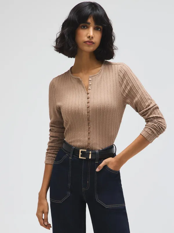 Cable Button-Front Top sold by Suzy Shier