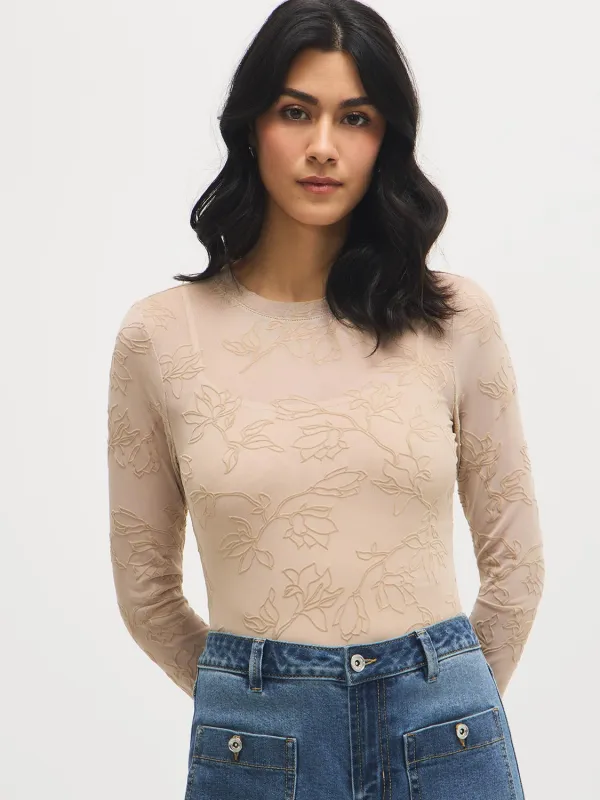 Floral Tonal Mesh Top sold by Suzy Shier