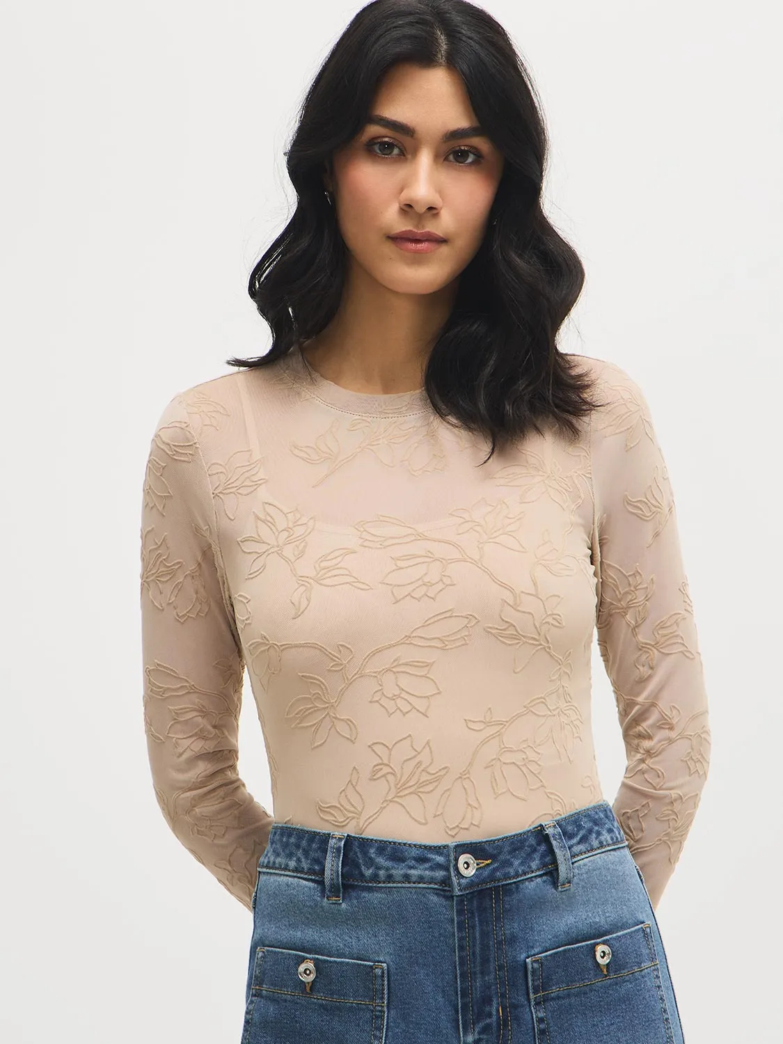 Floral Tonal Mesh Top sold by Suzy Shier